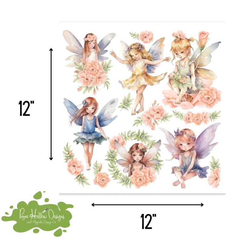 May include: A set of six fairy illustrations with wings, floral accents, and soft pastel colors. The sheet measures 12 inches by 12 inches, as indicated by the black arrows and text on the side and bottom of the image. The fairies feature various poses.