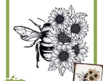 Könnte beinhalten: Eine wiederverwendbare Siebdruckschablone mit einer schwarz-weißen Strichzeichnung einer Hummel, die teilweise von einer Gruppe Sonnenblumen verdeckt wird. Der Text Reusable Silkscreen Stencil und Magnolia Design Co. steht auf dem weißen Hintergrund.