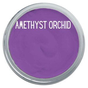 May include: A circular container filled with vibrant purple paint, featuring the text AMETHYST ORCHID printed in white capital letters across the top portion of the smooth, matte surface of the paint.