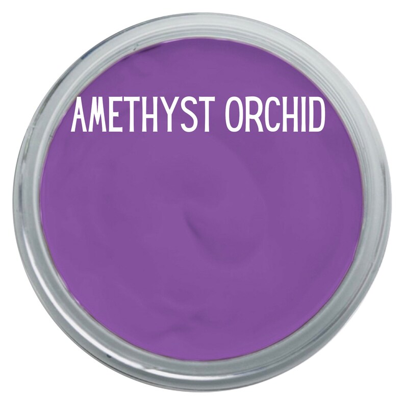 May include: A circular container filled with vibrant purple paint, featuring the text AMETHYST ORCHID printed in white capital letters across the top portion of the smooth, matte surface of the paint.