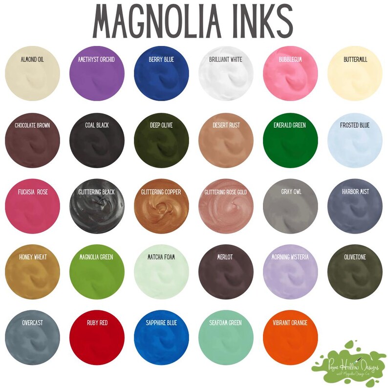 May include: A color chart featuring 30 ink colors, including Almond Oil, Amethyst Orchid, and Berry Blue. The text "MAGNOLIA INKS" is at the top. Each color is displayed in a circular swatch with its name below. The bottom right corner has a logo.