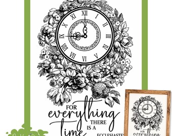Peut inclure: Un pochoir sérigraphié réutilisable avec une illustration en noir et blanc d'une horloge entourée de fleurs. Le texte indique : Reusable Silkscreen Stencil, FOR everything THERE IS A time ECCLESIASTES, et Magnolia Design Co. Un exemple encadré est visible.