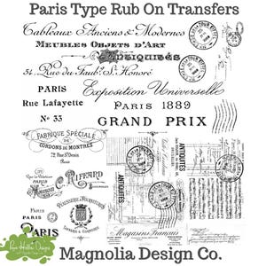 May include: Black and white rub-on transfers featuring vintage Parisian designs, including text like "Paris 1889", "Grand Prix", and "Exposition Universelle".