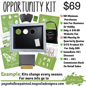 May include: An "OPPORTUNITY KIT" with various craft supplies, including stencils, paint, and a chalkboard. The kit includes a framed chalkboard, stencils with bee and floral designs, and the text "PR AY". The price is $69.