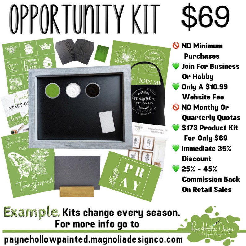 May include: An "OPPORTUNITY KIT" with various craft supplies, including stencils, paint, and a chalkboard. The kit includes a framed chalkboard, stencils with bee and floral designs, and the text "PR AY". The price is $69.