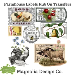 May include: A set of vintage-style printable labels featuring images of farm animals, fruits, and vegetables. The labels include text such as "Eggs", "Omelets", "Honey", "Concentrated Currant", and "Diamond Creamery".