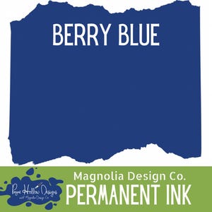 May include: A rectangular swatch of deep berry blue ink color with a torn paper edge effect. Below, a green banner displays the white text Magnolia Design Co. PERMANENT INK and a blue logo with the text Payne Hollow Designs with Magnolia Design Co.