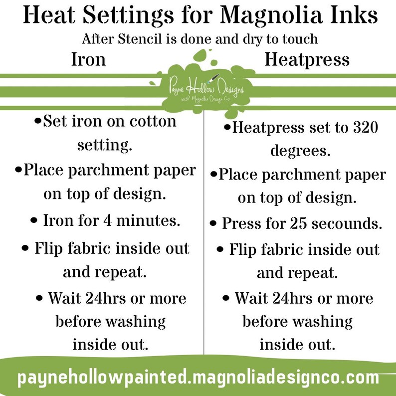 May include: An instructional chart titled Heat Settings for Magnolia Inks with green accents. It lists steps for using an iron or heatpress, including setting the iron to cotton, heating to 320 degrees, using parchment paper, and washing instructions.