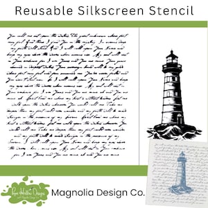 May include: Reusable silkscreen stencil featuring a lighthouse and script. The black and white design includes a lighthouse illustration and a handwritten poem. The stencil is designed for crafting and DIY projects.