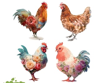 May include: Floral Chickens Rub On Transfers by Magnolia Design Co. features four distinct chicken illustrations decorated with colorful floral patterns. The designs include a rooster with red flowers, a brown hen, a blue-toned hen, and a pink-toned hen.