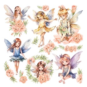 May include: A collection of six watercolor-style fairy illustrations featuring figures with translucent wings, surrounded by soft peach and pink flowers and green foliage. The fairies have varied hair colors and are depicted in different poses.
