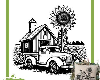 May include: A reusable silkscreen stencil featuring a black and white graphic of a vintage pickup truck parked in front of a barn with a silo and a large sunflower. The text Reusable Silkscreen Stencil and Magnolia Design Co. appear on the image.