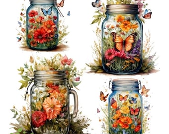 May include: Four glass mason jars filled with colorful wildflowers and butterflies, labeled Must Have Mason Jars Rub On Transfers and Magnolia Design Co. The jars feature orange, red, and yellow floral arrangements with various butterfly species.