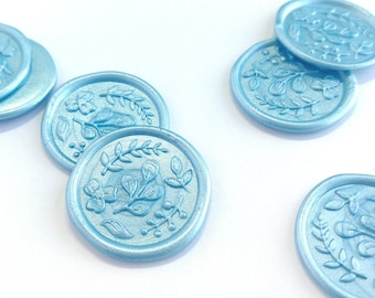 Flower Wax Seal Stickers • Sealing Wax Stamps • Wax Seal Set of 3 Envelope Seals • Blue Sparkly Wax • Self Adhesive