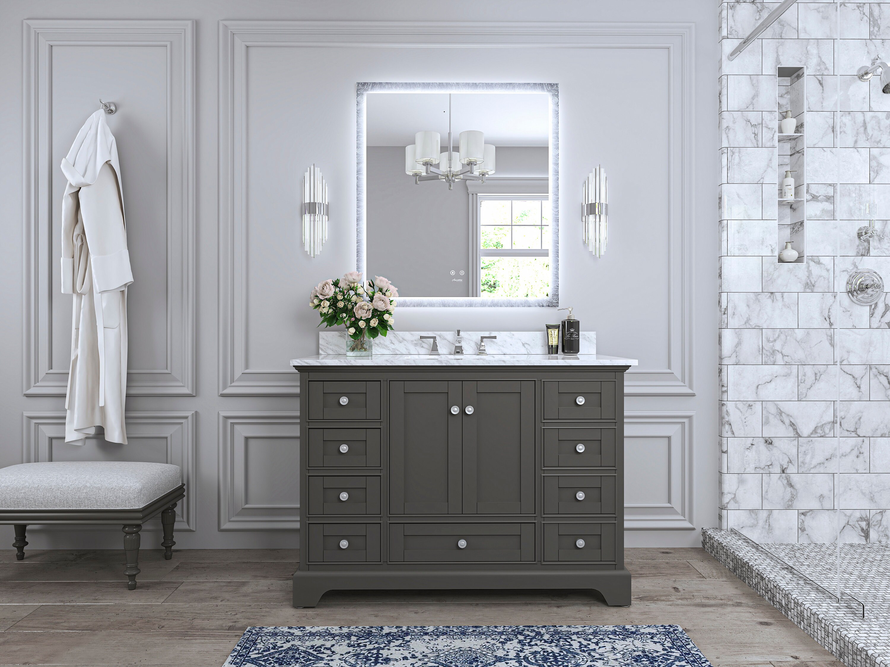 48 Hermes Collection Bathroom Vanity With Italian Carrara White Marble ...