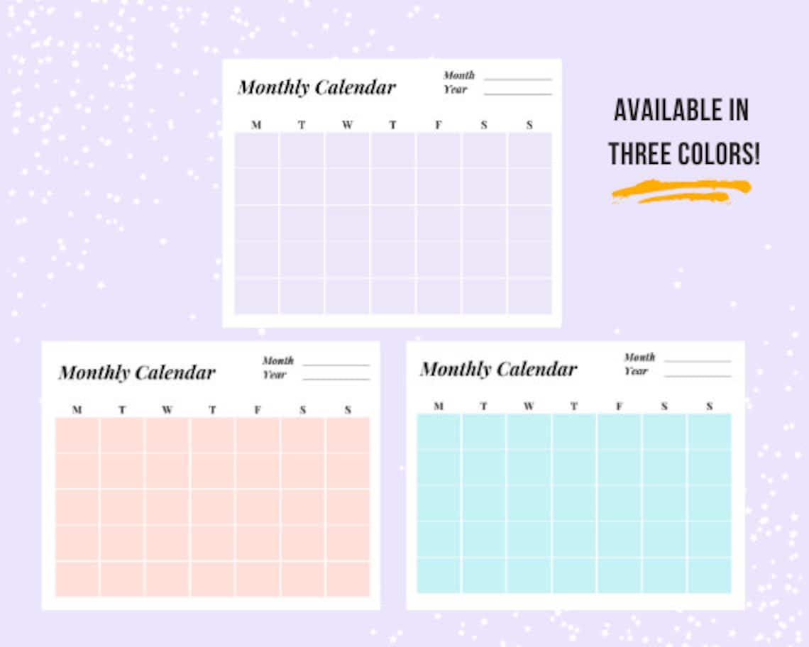 Simple Printable Monthly Calendar, Horizontal Calendar, Multiple Colors ...