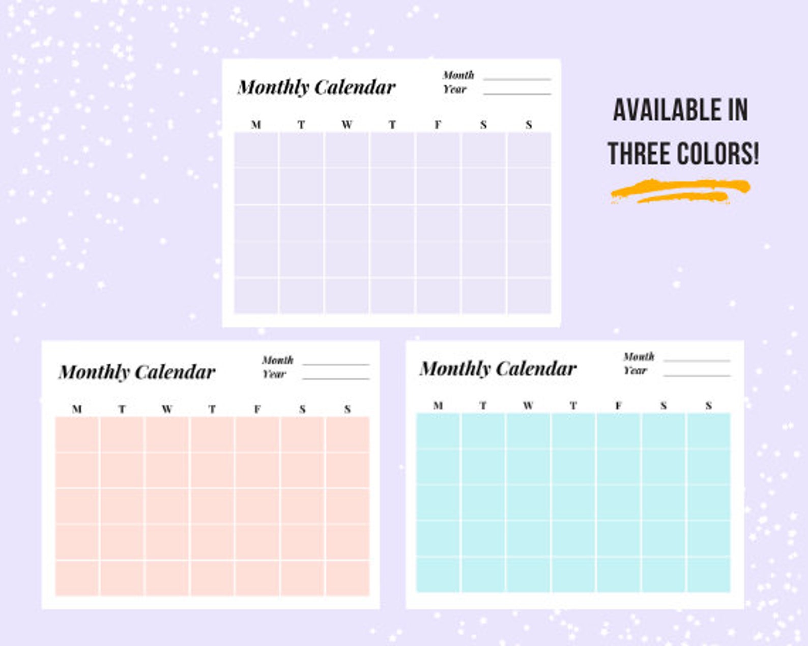 Simple Printable Monthly Calendar, Horizontal Calendar, Multiple Colors ...