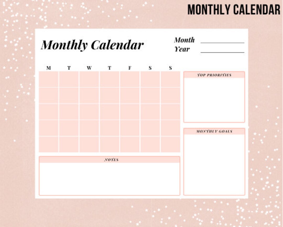 Printable Monthly Calendar, Horizontal Calendar, Multiple Colors, US ...