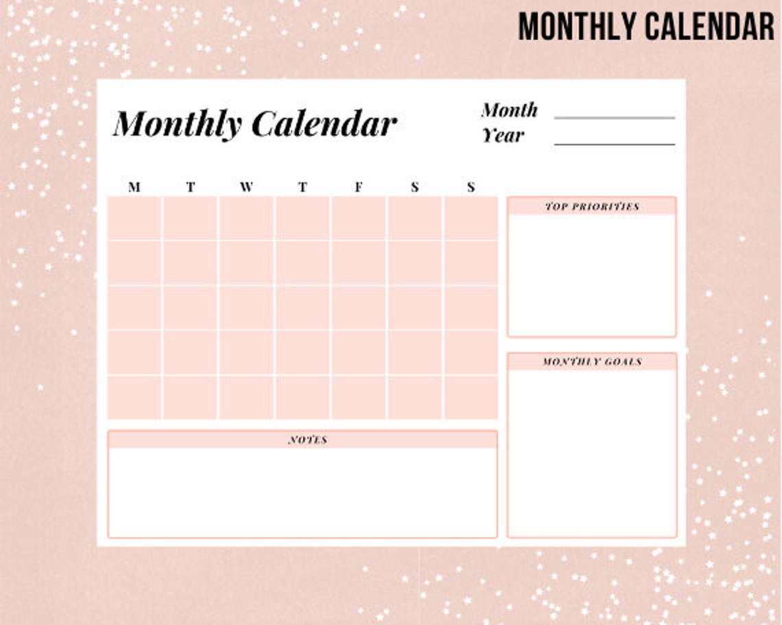 Printable Monthly Calendar, Horizontal Calendar, Multiple Colors, US ...