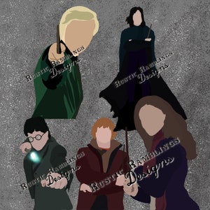 May include: Illustration featuring five characters from a fantasy series, each holding a wand. The characters are depicted in a minimalist style with solid colors and a textured gray background. The text "Rustic Ramblings Designs" is overlaid on the image.