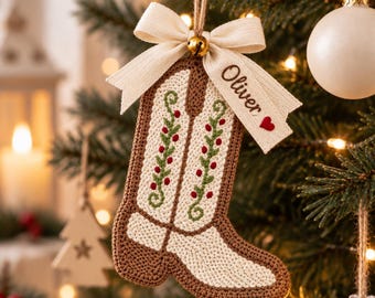 May include: A crocheted cowboy boot ornament in brown and cream yarn with green vine and red berry embroidery. The boot is topped with a cream-colored fabric ribbon featuring the name Oliver and a small red heart, finished with a gold jingle bell.