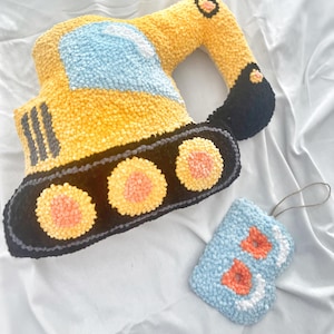 Handmade Excavator Pillow: Tufted Cotton Construction Truck Cushion