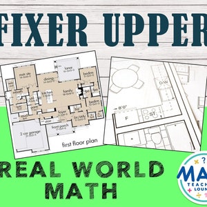 以下が含まれることがあります： 「Fixer Upper」と「Real World Math」という青い文字が書かれた、家の白黒の平面図。平面図には、2 台用のガレージ、キッチン、ダイニングルーム、リビングルーム、マスターベッドルーム、バスルーム、マッドルーム、フロントポーチ、ラナイが描かれている。