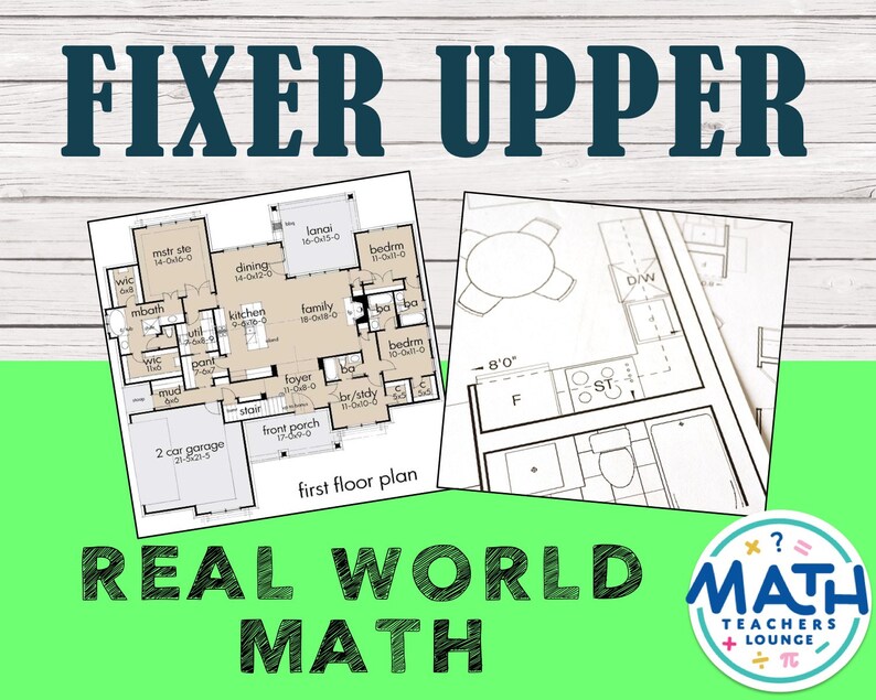 以下が含まれることがあります： 「Fixer Upper」と「Real World Math」という青い文字が書かれた、家の白黒の平面図。平面図には、2 台用のガレージ、キッチン、ダイニングルーム、リビングルーム、マスターベッドルーム、バスルーム、マッドルーム、フロントポーチ、ラナイが描かれている。