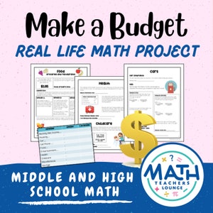 May include: A colorful worksheet for a middle or high school math project titled "Make a Budget: Real Life Math Project". The worksheet includes sections for food, health, childcare, and cars. The worksheet is designed to help students learn about budgeting and financial literacy.