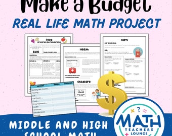 May include: A colorful worksheet for a middle or high school math project titled "Make a Budget: Real Life Math Project". The worksheet includes sections for food, health, childcare, and cars. The worksheet is designed to help students learn about budgeting and financial literacy.