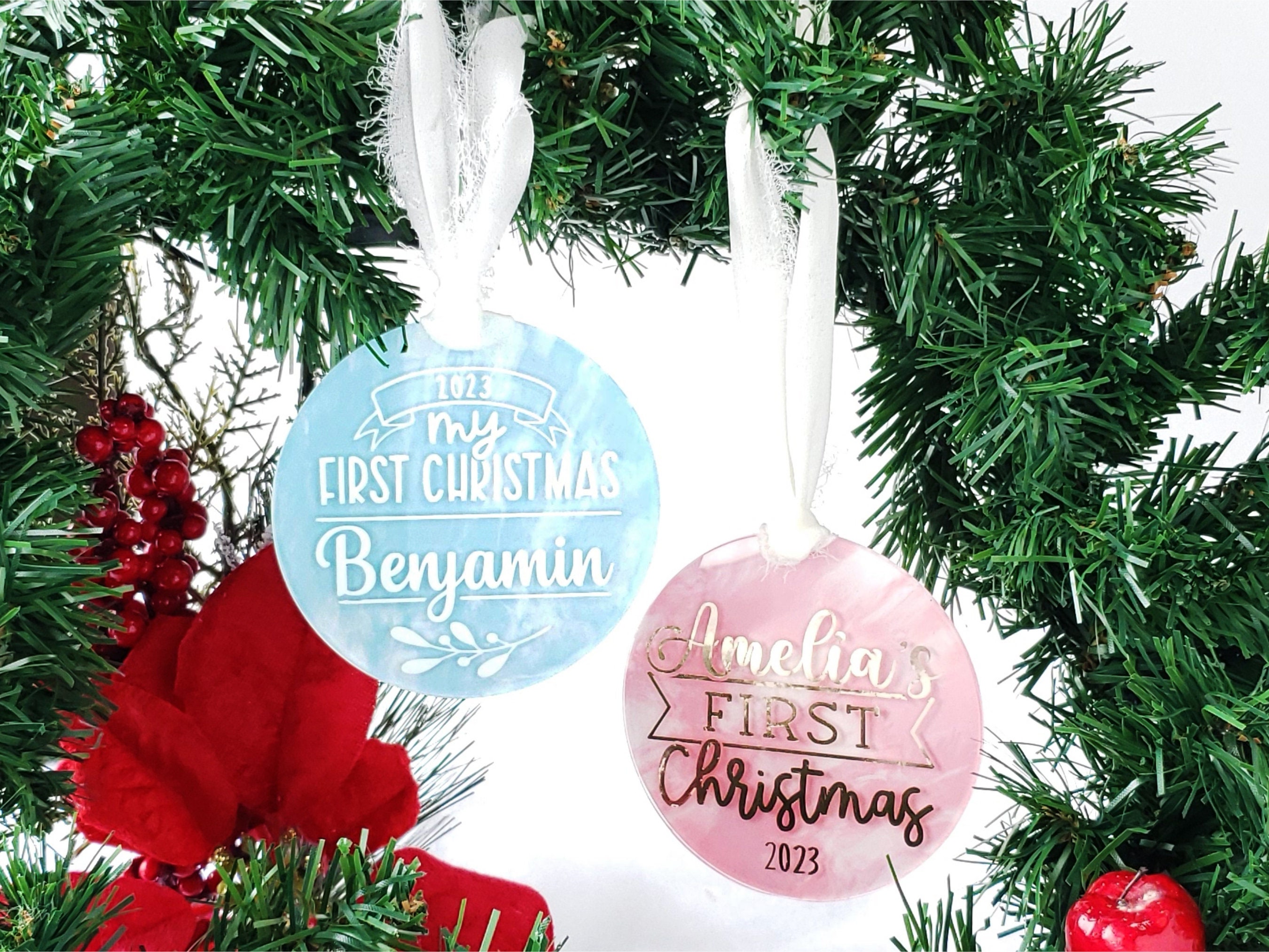 Baby First Christmas Ornament | Personalized with Name Festive Tree Decor | Round Acrylic Marbled Painted Background Keepsake