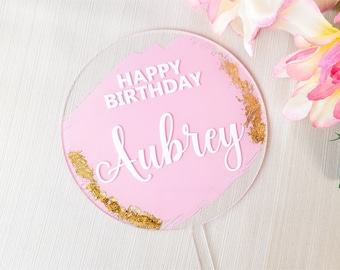 Birthday Cake Topper with Foil Accent | Personalized Acrylic Circle with Hand Painted Back | Stylish Personalized Cake Decoration