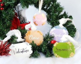 Elegant Name Tree Ornament | Round Acrylic Christmas Festive Decor | Hand Painted Background with Foil Accent