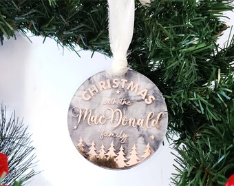 Family Name Tree Ornament | Round Acrylic Christmas Festive Decor | Marbled Painted Background
