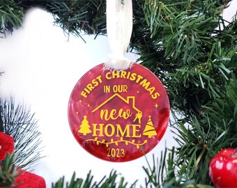 First Christmas in Our New Home, Round Acrylic Tree Ornament with Painted Marbled Background Keepsake