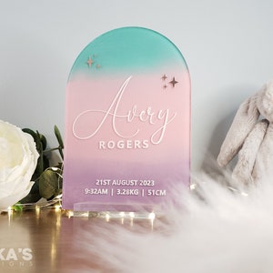 Baby Name and Birth Stats Sign | Acrylic Arch With Stand | Newborn ...