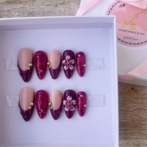 Berry Orchid Burgundy Press on Nails | 3D Nails | Flower Nail | Gold Nail | Fall Nails | Autumn Nail | Maroon Nail | French Tip | Red Nails