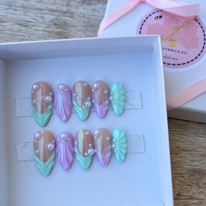 Lavender Mint Mermaid Press on Nails | 3D Gel Nails | Pearl Nails | Chrome Nails | Summer Nails | Spring Nails | Purple Nails | Mint Nails