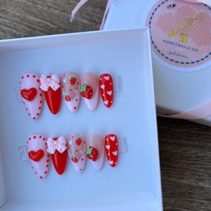 Strawberry Kiss Pink & Red Press on Nails | 3D Charms | Kawaii Press on Nails | Pink Nails | Red Nails | Strawberry Nails | Fruit Nails