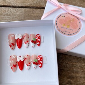 Red Cherry Kiss Press on Nails | Kawaii Press on Nails | Red Nails | White Nails | Fruit Nails | Cherry Nails | Heart Nails | French Tip