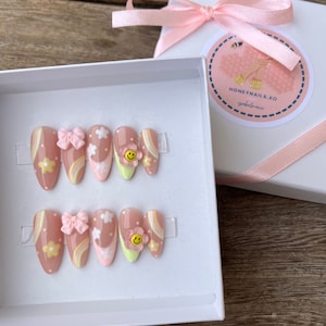Summer Days Floral Press on Nails | Kawaii Press on Nails | 3D Charm | Pink Nails | Yellow Nails | Summer Nails | Pastel Nail | Flower Nails