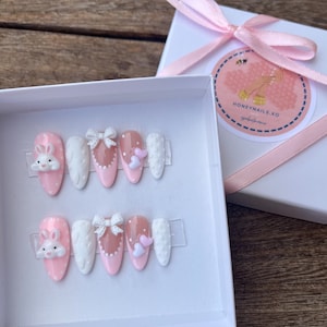 Pink Marshmallow Bunny Press on Nails | Kawaii Press on Nails | 3D Charms | Pink Nails | White Nails | Easter Nails | Pastel Nails