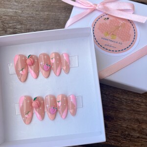 Peach Kiss Press on Nails | Kawaii Press on Nails | 3D Charm | Fruit Nails | Pink Nails | Peach Nails | Sparkle Nails | Abstract Nails