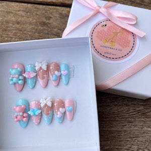 Bubblegum Bear Pink & Blue Press on Nails | Kawaii Press on Nails | 3D Charm | Teddy Bear Nails | Pink Nails | Pastel Nails | Heart Nails