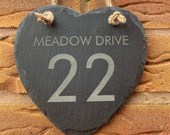 Personalised Slate Stone Hanging Heart House Number Name Door Sign Plaque