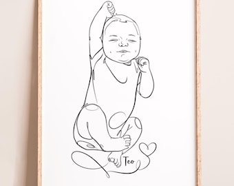 Custom Baby Portrait, Personalized Minimalist Newborn Nursery Decor, Special Gift for Family