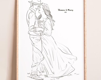 Custom Wedding Line Illustration, Personalized Portrait from Photo, Hand Drawn Sketch for Family