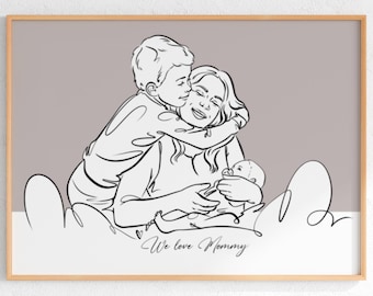 Retrato de família personalizado em estilo linear, ilustração personalizada (download digital)