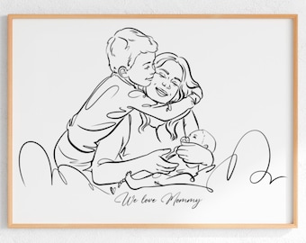 Personalisiertes Familienporträt, individuelles handgezeichnetes Muttertagsgeschenk vom Foto, einzigartige minimalistische Illustration für Mama,