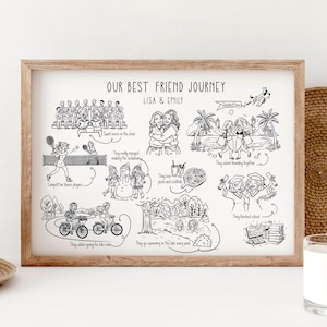 May include: A framed black and white illustration titled "OUR BEST FRIEND JOURNEY" with the names Lisa & Emily. The artwork depicts various activities, including tennis, choir, making a snowman, bike rides, swimming, and graduation.